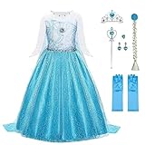 URAQT Elsa Costume, Set da Principessa Elsa Corona Bacchetta Guanti Treccia, Elsa Costume di Cosplay Party Halloween Costume Abito delle Ragazze di Natale Vestito Fantasia, 110CM