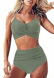 JFAN Costumi da Bagno Donna A Vita Alta Multicolori Due Pezzi Push Up Sexy Imbottito Reggiseno Bikini Cross Sportivo Classico Swimsuit Verde,M