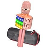 Karaoke Microfono Senza Filo Aggiornato BONAOK con Luci LED Colorate Lampeggianti, 4 in 1 Microfono Karaoke, Portatile Macchina Karaoke Festa a Casa Speaker Regalo per Android/iOS (Oro Rosa Plus)