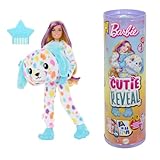 Barbie - Cutie Reveal Serie Color Dream, bambola con costume da dalmata di peluche arcobaleno e 10 accessori a sopresa con effetto cambia colore, giocattolo per bambini, 3+ anni, HRK41