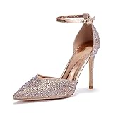 Zhabtuc Décolleté con Tacco Alto da Donna Tacchi a Spillo con Strass 10 CM Tacchi a Punta Glitterati Tacchi Alti Sexy con Cinturino alla Caviglia Scarpe con Tacco per Il Matrimonio di Festa, Oro 38EU