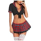 Dinglong oggetti erotitici sexy per coppie Donne Fashion Cosplay Schoolgirl Lingerie Roleplay Lingerie Set Costumi sexy per studenti Set di pizzo scozzese rosso oggetti erotitici sexy per (Black, XXL)