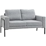 HOMCOM Divano 2 Posti in Tessuto Poliestere Effetto Lino con Gambe in Acciaio e Cuscini Imbottiti, 138x70x83.5 cm, Grigio Chiaro