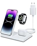 3 in 1 Caricatore Wireless per iPhone 11/12/13/14/15/XS/X/8 serie, A-pple Watch 9/Ultra/8/7/6/SE/5/4/3/2, Stazione Ricarica A-pple per Air Pods 1/2/3/Pro/Pro2(bianco)