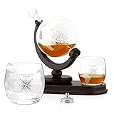 Maverton Decanter per Whisky in vetro - incisione personalizzata - Caraffa a forma di mappamondo da 850 ml + 2 bicchieri whisky - idee regalo donna - bussola