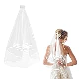 Amaxiu Velo da sposa corto con pettine, velo da sposa a 2 strati in tulle, lunghezza al gomito, velo da sposa con bordo in nastro, 60-80 cm, bianco, taglia unica