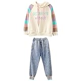 amropi 2 PCS Set Completo Ragazze Felpa con Cappuccio + Denim Pantaloni Jogging Tuta Beige Blu,11-12 Anni