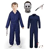 Meekio Michael Myers Costume maschera per bambini ragazzi Horror Killer Tuta Inquietante Meccanico Natale Halloween Cosplay Puntelli 1 tuta+1 maschera+1 puntelli classici(Large)