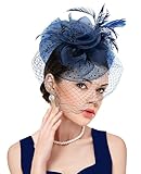 dressfan Donna Fascinator Cerimonia Fascinator Cappello Mesh Piuma Fiore 20s 50s Vintage Accessori Fascia Fermaglio per Capelli con Veletta per Matrimonio/Cocktail/Gatsby/Cerimonia/Tea Party,Blu