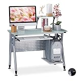 Relaxdays Tavolo in Vetro per Computer, Ripiano Tastiera & Scomparto per PC, HLP: 98x105x55 cm, Moderno, Bianco