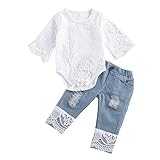 Loalirando Completino Neonata Estivo 2 Pezzi Pagliaccetto in Pizzo + Jeans Elegante Tutina Bimba Tuta Neonata Femmina 0-24 Mesi Casual Primavera Regalo (Bianco A, 3_Months)