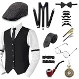 Grantop Set di accessori da uomo anni  20, costume da carnevale da uomo, costume 1920, con cappello Panama, bretelle regolabili, cravatta, occhiali Peaky Blinders Costume Gatsby, Nero 1