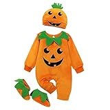 riou 3 Pcs Neonato Ragazza Unisex Costume di Halloween Completini di Halloween Zucca Set 0-24 Mesi Baby Jumpsuit per Bambini Vestito da Carnevale Bambino Tuta Bimbo a Maniche Lunghe Cappello e Scarpe