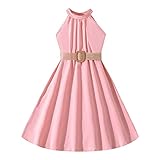 Moda Vestito Ragazze Manica Corta Cotone Abito Ragazza Elegante Vestito Estivo Ragazze con Cintura Abito Ragazze Tinta Unita 7-12 Anni Abito da Ragazze Vestito Lungo Bambina Elegante