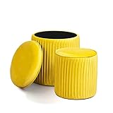 Norbe | Set di 2 Pouf Contenitore Velluto Cilindro Sgabello a Coste | Poggiapiedi Scrivania Toeletta Trucco Poltroncina Bimbi Da Camera o Salotto poggia piedi Comodino poltrona Flu (Giallo Canarino)