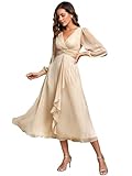 Ever-Pretty Vestito Elegante Donna Cerimonia Manica Lunga Collo A V Gonna Midi Abito da Sera Champagne 46