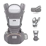 Marsupio Neonati Ergonomico, Porta Bambino da 0-36 Mesi(Inferiore a 25kg) con Sedile Multiposizione, con PoggiaTesta e Cappuccio, Puro Cotone Traspirante Leggero, Grigio