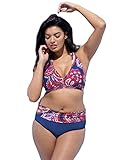 chuangminghangqi Donna Bikini a Vita Alta Imbottito Taglie Forti Costume da Bagno Due Pezzi Stampato Ricamo Nuoto Mare (3XL, 382-Rosso)