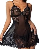 JFAN Lingerie Donna Pigiama Donna Camicia da Notte in Pizzo con Spalline Regolabili Lingerie Babydoll Ricamo Completo Intimo Donna con Tanga Nero