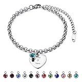 INBLUE Personalizzato Cuore Ciondolo Birthstone Bracciale Incisione Nome/Data per le Donne Ragazza Fidanzata in Acciaio Inox Cavigliera Link Catena Amore Regalo Damigella D onore(Color argento)