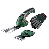 Bosch Home and Garden Set forbici per erba a batteria Isio (3,6 Volt, lunghezza lama 12 cm, spessore di taglio 8 mm, con guanti da giardinaggio XL inclusi, confezione con custodia morbida)