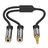 KabelDirekt Adattatore Y 3,5 mm, sdoppiatore Jack, distributore AUX 1 Jack Maschio 3,5 mm a 2 Jack Femmina 3,5 mm, per collegare Due Cuffie a Smartphone/Tablet/Portatile, Stereo, 10 cm, Nero