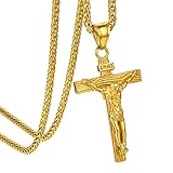 GOLDCHIC JEWELRY Collana Crocifisso d oro per Uomo, Ciondolo Croce Gesù Inri con Catena d oro Crocifisso Collana Uomo Oro Collana Uomo Acciaio Inossidabile Regali Religiosi