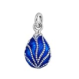 Quiges Ciondolo classico da donna in stile Fabergé a forma di uovo russo a pois e onde smaltate blu placcato argento, Smalto