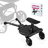 BugyKido Pedana Passeggino Universale con Sellino,Tavolette Portatili per Passeggini Adatto al 99% dei passeggini, Design a due Ruote, Accessorio per Passeggino per Bambini di 2-6 anni 25 kg, Nero