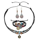 Milacolato Gioielli Bohemien Collana Girocollo Lunga Turchese a più Strati Orecchini Pendenti Cordoni di Canapa Girocollo in Pelle con Perline Bracciale Avvolgente Set di Gioielli Donne