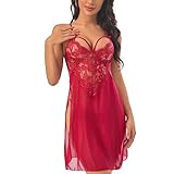 HOTSO Camicia da Notte Donna Lingerie Set Sexy Pizzo Babydoll Chemise Teddy Bodysuit Negligee Nightwear Vestaglia con Cinghia Perizoma G-String Sleepwear V-Neck Elegante (Borgogna, XXL)