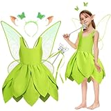 JONRRYIN Trilli Tinkerbell Costume per Bambina,Vestito da Fata con Ali Fata e Accessori Set, Verd Abito delle Ragazze Festa di Carnevale Halloween Compleanno Natale Cerimonie (Taglia 110)