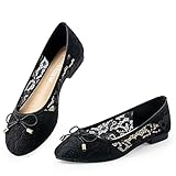 MUSSHOE Ballerine Ballerine traspiranti in pizzo Bowknot per le donne, Pizzo nero., 42 EU