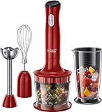 Russell Hobbs Frullatore a Immersione Rosso - 3 in 1 - Frullatore-tritatutto, Mixer e Frusta - Senza BPA e Lavabile in Lavastoviglie, Frullati, Zuppe, Salse, Yogurt, Alimenti Bambini, 24700-56