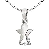 Clever Schmuck Set di ciondolo da donna in argento con mini angelo, 11 mm, interno aperto e lucido, 3 zirconi stilizzati e catena Venezia 42 cm, in argento Sterling 925, con custodia bianca