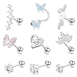 JeweBella 9 Pezzi 16G Orecchini Donna Acciaio Chirurgico Piercing Orecchio Argento/Oro Orecchini Cuore Fiore Set Piercing Orecchio Trago Helix Conch