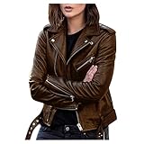 Freenfitmall Cappotto da donna Dark Academia Primavera Autunno Cerniera Moto Giacca Donna Breve In Ecopelle Giacca, Marrone, S