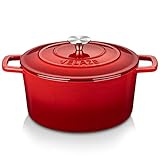 Velaze Casseruola in Ghisa, Pentola a Induzione per Stufati, Cocotte Casseruola con Coperchio in Rivestimento Smaltato, Forno Olandese, Rosso, Rotondo - 25 cm, 5 L