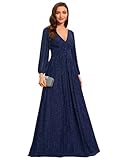 Ever-Pretty Abito da Sera Manica Lunga A-Line Scollo A V Abito Cerimonia Donna Blu Navy 50