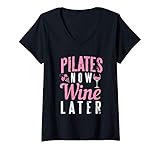 Donna Funny Pilates Now Wine Later Gym Beverage Maglietta con Collo a V