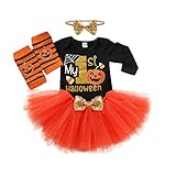 DaceStar Costume Halloween Neonata, Il Mio Primo Halloween Neonato, Vestito Halloween Neonata, Pagliaccetto Zucca Bambino+Gonna Tutu+Calze Lunghe+Fascia, Halloween Costume Bambina Arancione 3-6 Mesi