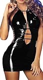 Befox Sexy Wetlook Minikleid Kleid Leder Lack Reizverschluss V-Ausschnitt Stretch Clubwear Fetisch Party Dress