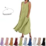 AssistantWomen s Sleeveless Cotton And Linen Dress,Plain Tank Dress,Casual Crewneck Flowy Sundress with Pocket