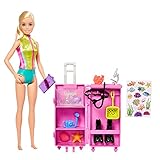 Barbie Carriere - Carriera Make-up, bambola dai capelli blu, top colorato a stampa leopardata e scarpe rosa con plateau, con palette, tavolozza e pennello, Giocattolo per Bambini 3+ Anni, HKT66