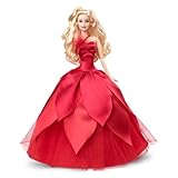 Barbie - Barbie Signature Magia delle Feste 2022 bambola bionda, capelli ondulati, abito rosso con ampia gonna e orecchini pendenti, da collezione, Giocattolo e regalo per Bambini 6+ Anni, HBY03