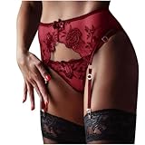 ROSVAY Reggicalze Sexy Trasparente per Donna con 4 Clip Regolabili, Reggicalze in Pizzo a Vita Alta per Calze Lingerie Giarrettiere, Set di Reggicalze e Perizoma, 2 Pezzi (Borgogna)