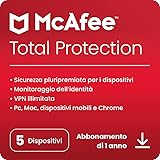 McAfee Total Protection 2024, 5 dispositivi, Antivirus, VPN, gestore password, Internet Security e dispositivi mobili,PC/Mac/iOS/Android, Abbonamento di 1 anno,Codice di attivazione via e-mail