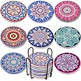 Newk Sottobicchieri per bevande (set di 8), sottobicchieri assorbenti in marmo ceramico con supporto in metallo, 4 pollici 8 diversi modelli di mandala, adatti per tavolo in legno e tipi di tazze