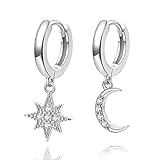 Orecchini a cerchio Star Moon Huggie, orecchini in argento sterling placcato oro 14k piccoli CZ blu donne o ragazze