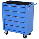 HOMCOM Carrello da Officina a 5 Cassetti con Ruote in Metallo Blu, 67.5x 33 x 77cm